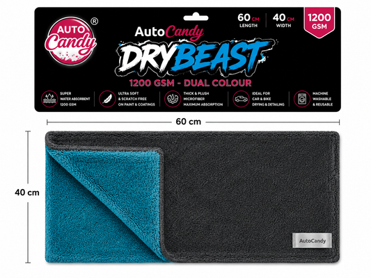 AUTOCandy DryBeast 1200 GSM Extra Large Microfiber Cloth | 60x40cmb | Ultra-Plush, Super-Absorbent & Scratch-Free Drying Towel for Car & Bike Detailing | Safe on Paint/PPF/Ceramic