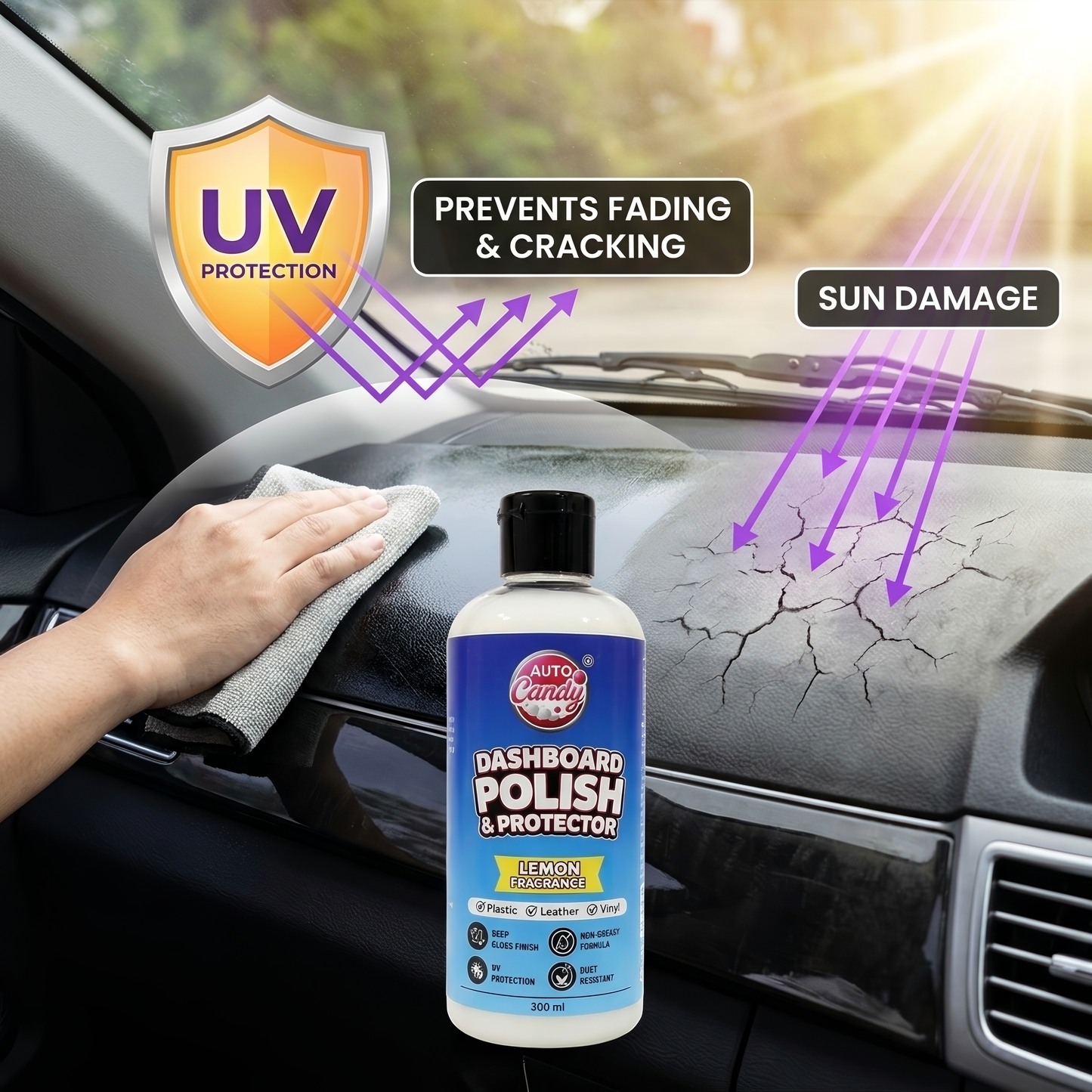 AutoCandy Dashboard Polish & Protectant 300ML | Non-Sticky Interior Dresser for Plastic, Vinyl & Leather | UV Protection | Lime Fragrance | Non-Reflective Finish