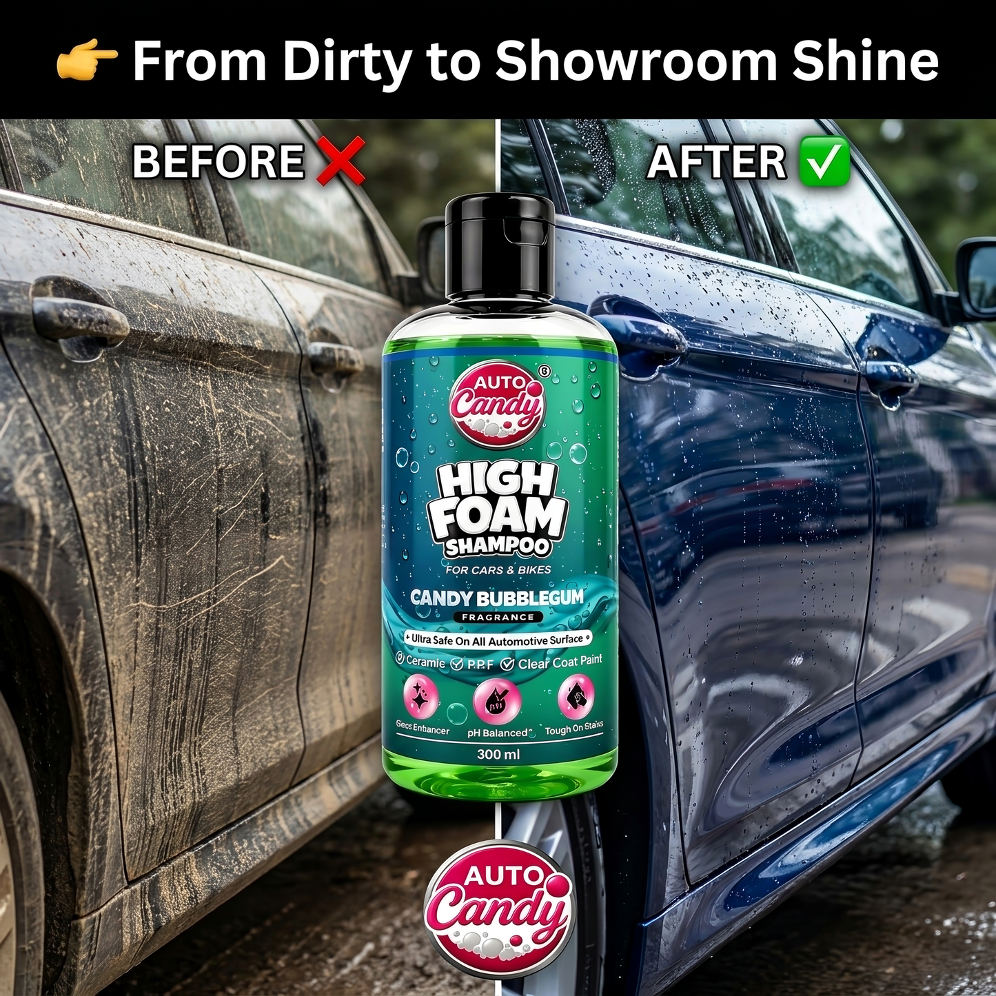 AUTOCandy High Foam Car Shampoo 400ml – pH Neutral, Wax Infused Shine, Removes Tough Dirt & Stains, Safe for Ceramic & PPF, Works with Bucket Wash & Foam Cannon