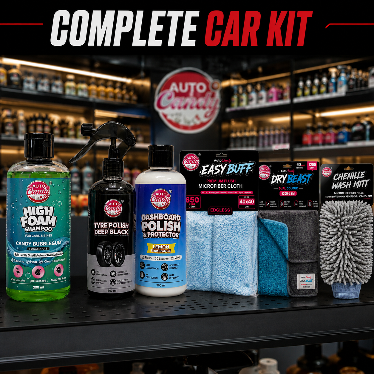AUTOCandy Complete Car Care Kit | High Foam Shampoo 400ml + Dashboard Polish 300ml + Tyre Polish 400ml + DryBeast 1200 GSM Drying Towel + EasyBuff 650 GSM Microfiber Cloth + Chenille Wash Mitt | Complete Car & Bike Detailing Combo Kit