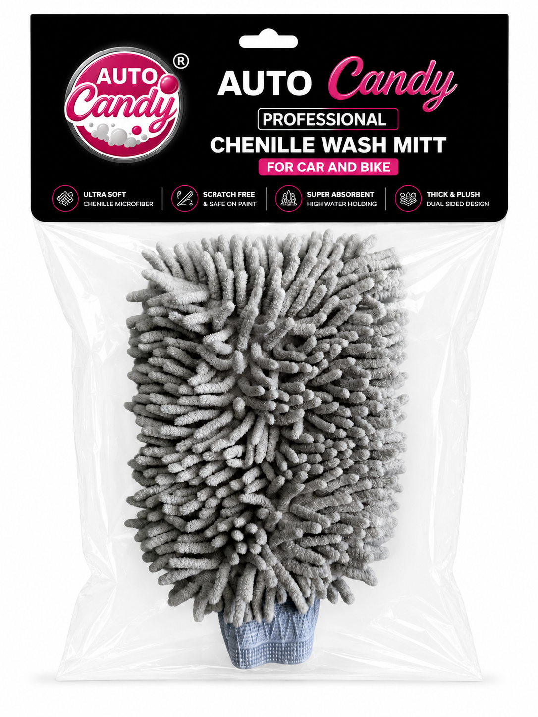 AUTOCandy Chenille Microfiber Wash Mitt | Ultra Soft | Dual-Sided | Scratch-Free Cleaning Glove For Car & Bike Cleaning  | Super Absorbent Plush Detailing Wash Mitt