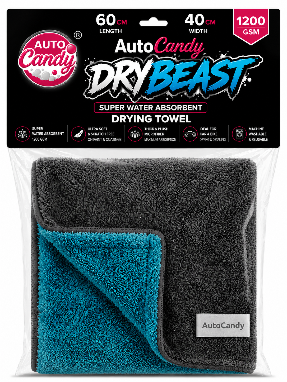 AUTOCandy DryBeast 1200 GSM Extra Large Microfiber Cloth | 60x40cmb | Ultra-Plush, Super-Absorbent & Scratch-Free Drying Towel for Car & Bike Detailing | Safe on Paint/PPF/Ceramic