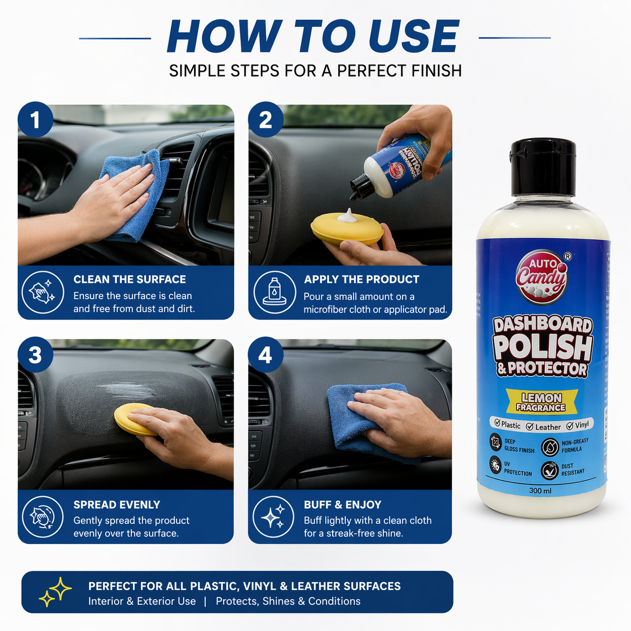 AutoCandy Dashboard Polish & Protectant 300ML | Non-Sticky Interior Dresser for Plastic, Vinyl & Leather | UV Protection | Lime Fragrance | Non-Reflective Finish