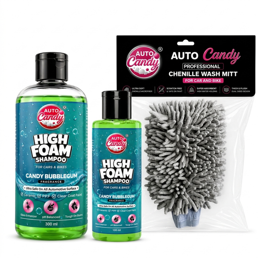 AUTO Candy High Foam Car Shampoo 400ml with Chenille Wash Mitt | pH Neutral Snow Foam | Scratch-Free Car & Bike Cleaning | Safe for Ceramic, PPF & Wraps (400Ml + 1 Wash Mist)