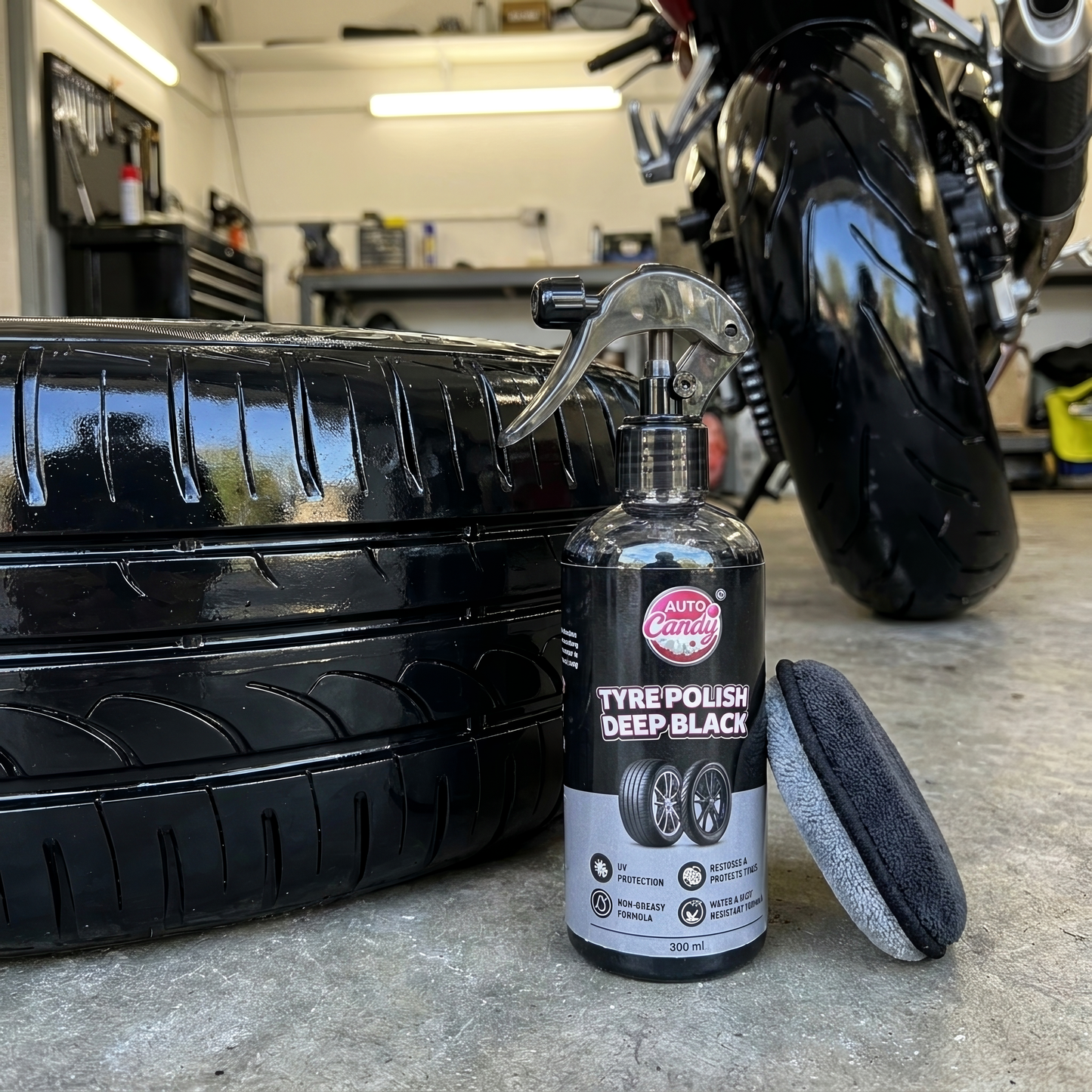 AutoCandy Tyre Polish 400ml for Car & Bike | Deep Black Tyre Shine & Dresser | Long-Lasting, Non-Greasy, Super Hydrophobic Finish | Restores Faded Tyres