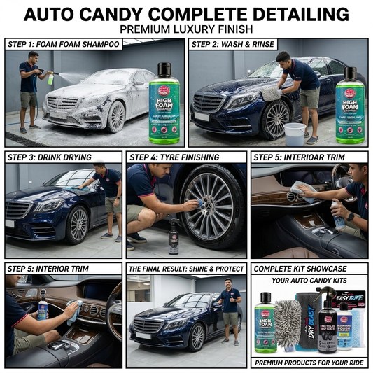 AUTOCandy Complete Car Care Kit | High Foam Shampoo 400ml + Dashboard Polish 300ml + Tyre Polish 400ml + DryBeast 1200 GSM Drying Towel + EasyBuff 650 GSM Microfiber Cloth + Chenille Wash Mitt | Complete Car & Bike Detailing Combo Kit