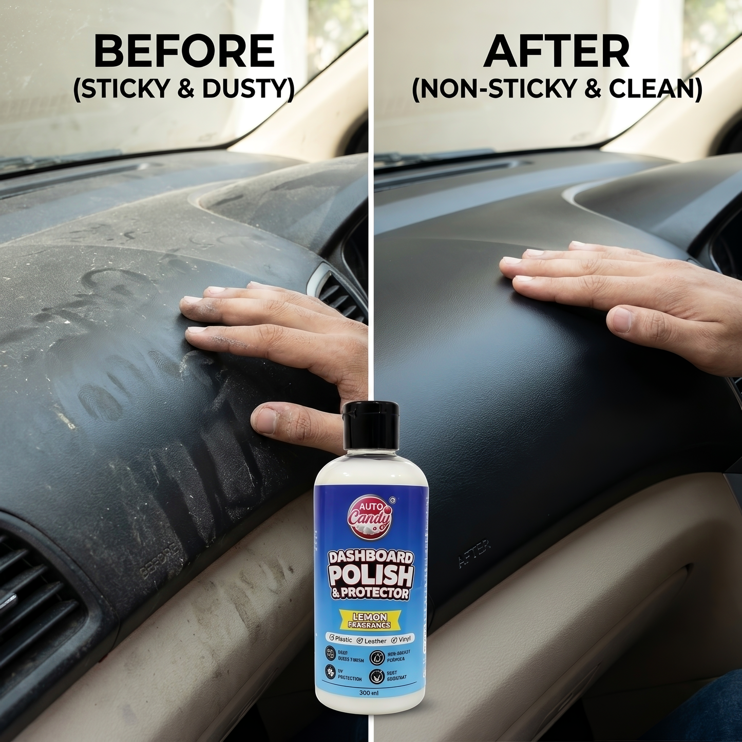 AutoCandy Dashboard Polish & Protectant 300ML | Non-Sticky Interior Dresser for Plastic, Vinyl & Leather | UV Protection | Lime Fragrance | Non-Reflective Finish