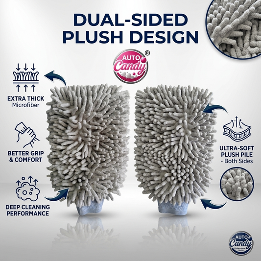 AUTOCandy Chenille Microfiber Wash Mitt | Ultra Soft | Dual-Sided | Scratch-Free Cleaning Glove For Car & Bike Cleaning  | Super Absorbent Plush Detailing Wash Mitt